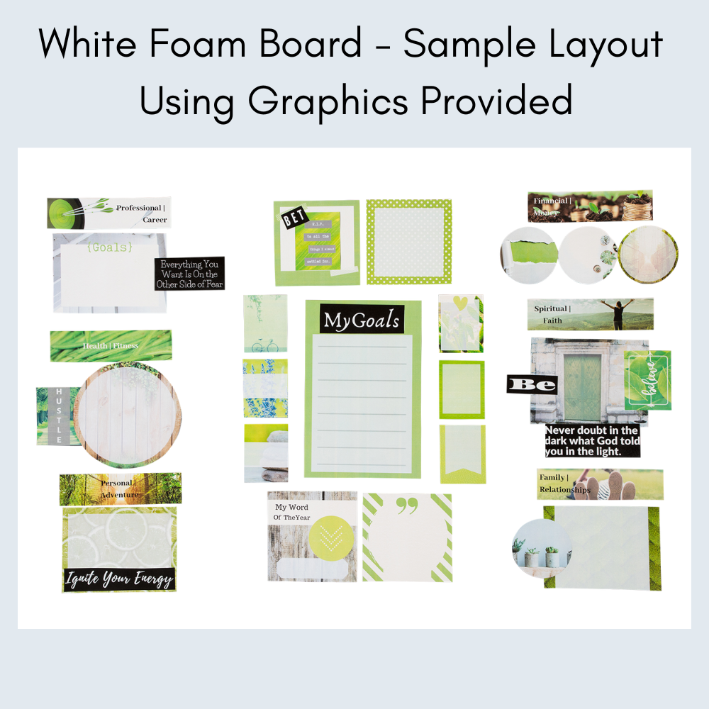 Sample guide of green vision board photos on a white foam board