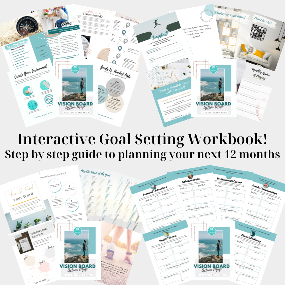 collage of all the pages of a interactive goal setting workbook which provides step by step plan