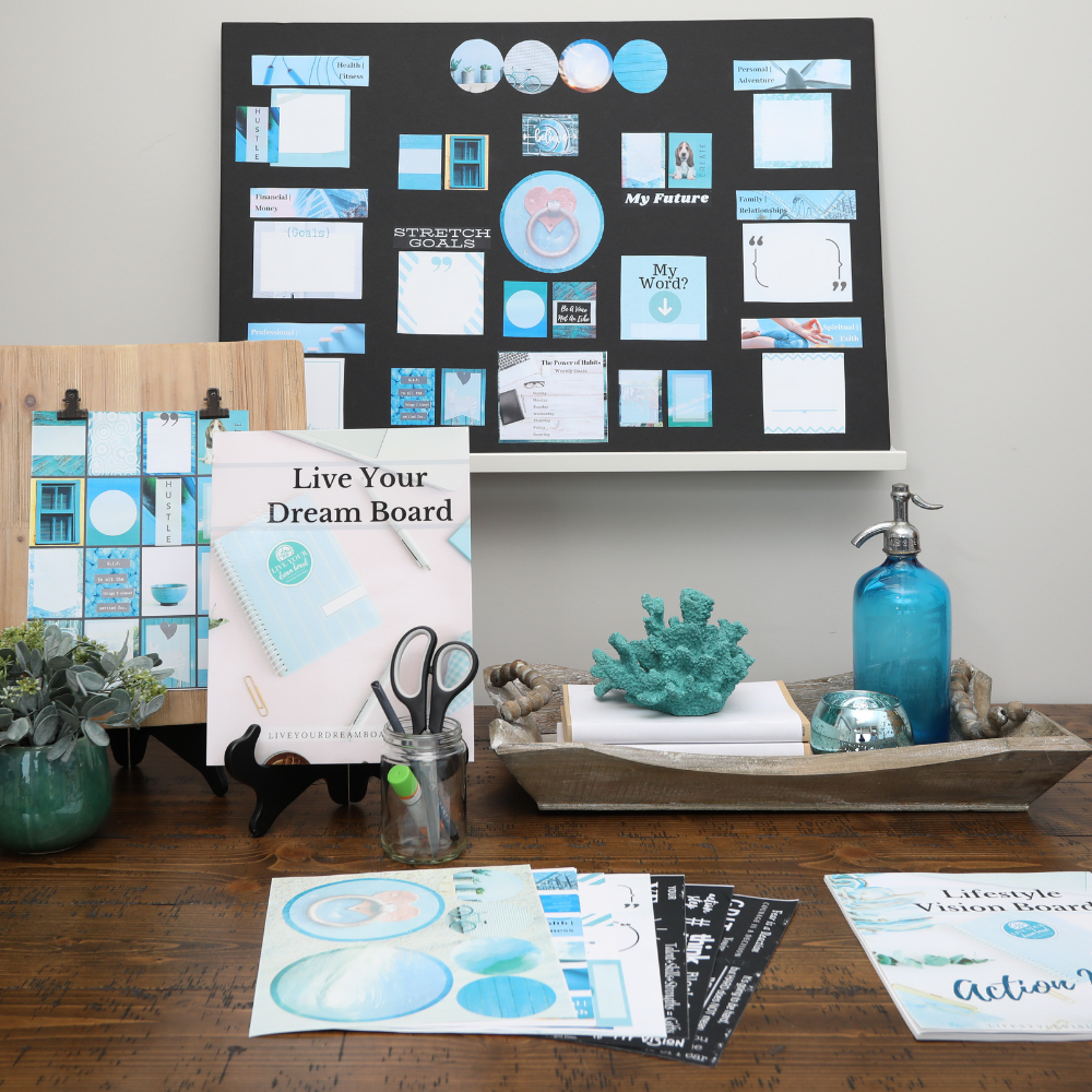 product image of blue themed board with folder, workbook, sample artwork