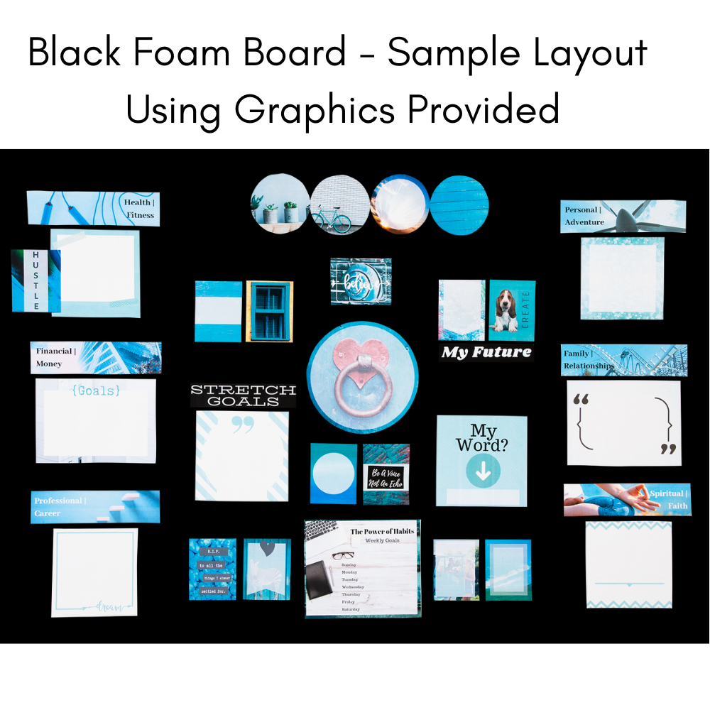 vision board example with blue artwork and images displayed on a black foam board