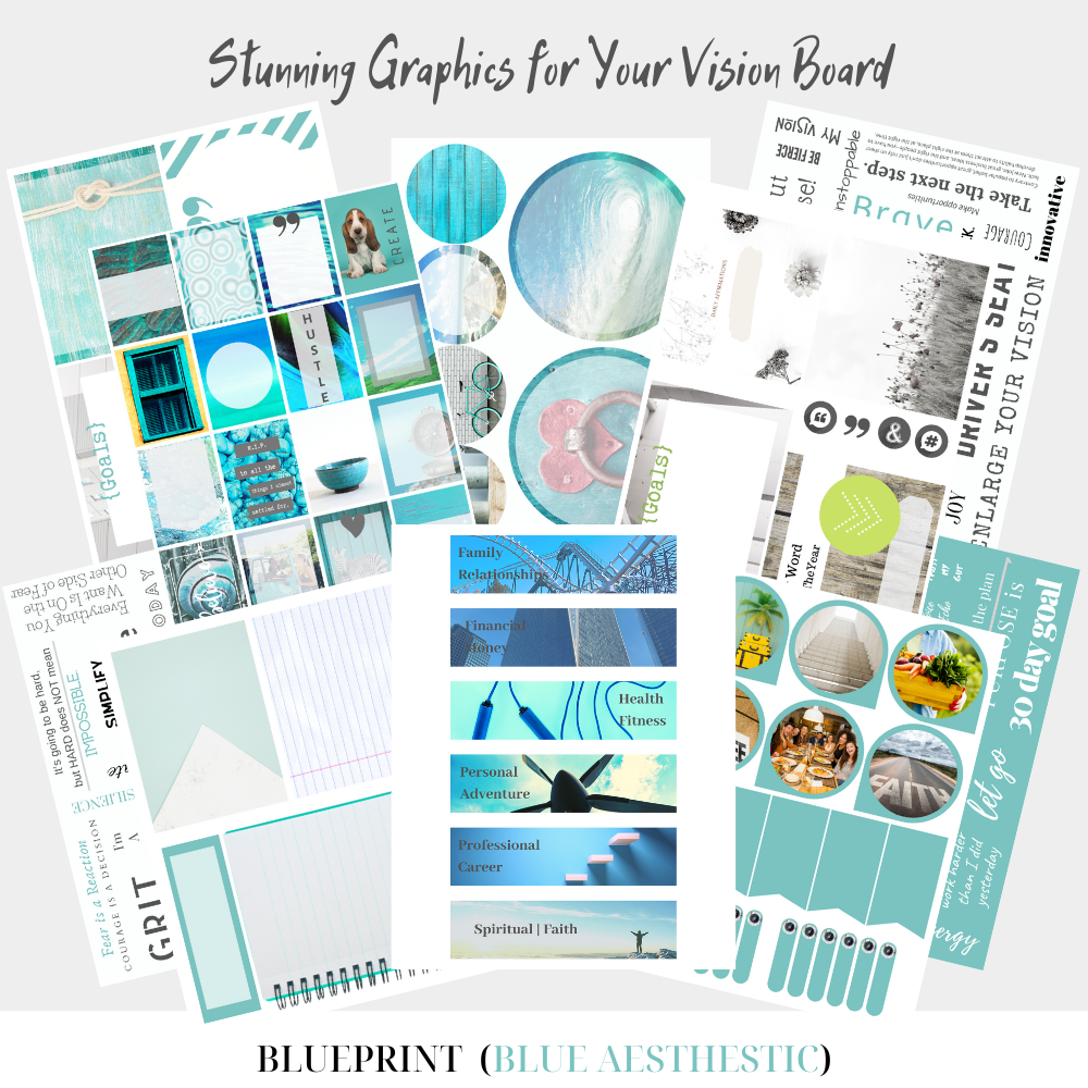 graphics kit with blue inspirational images and aesthetics