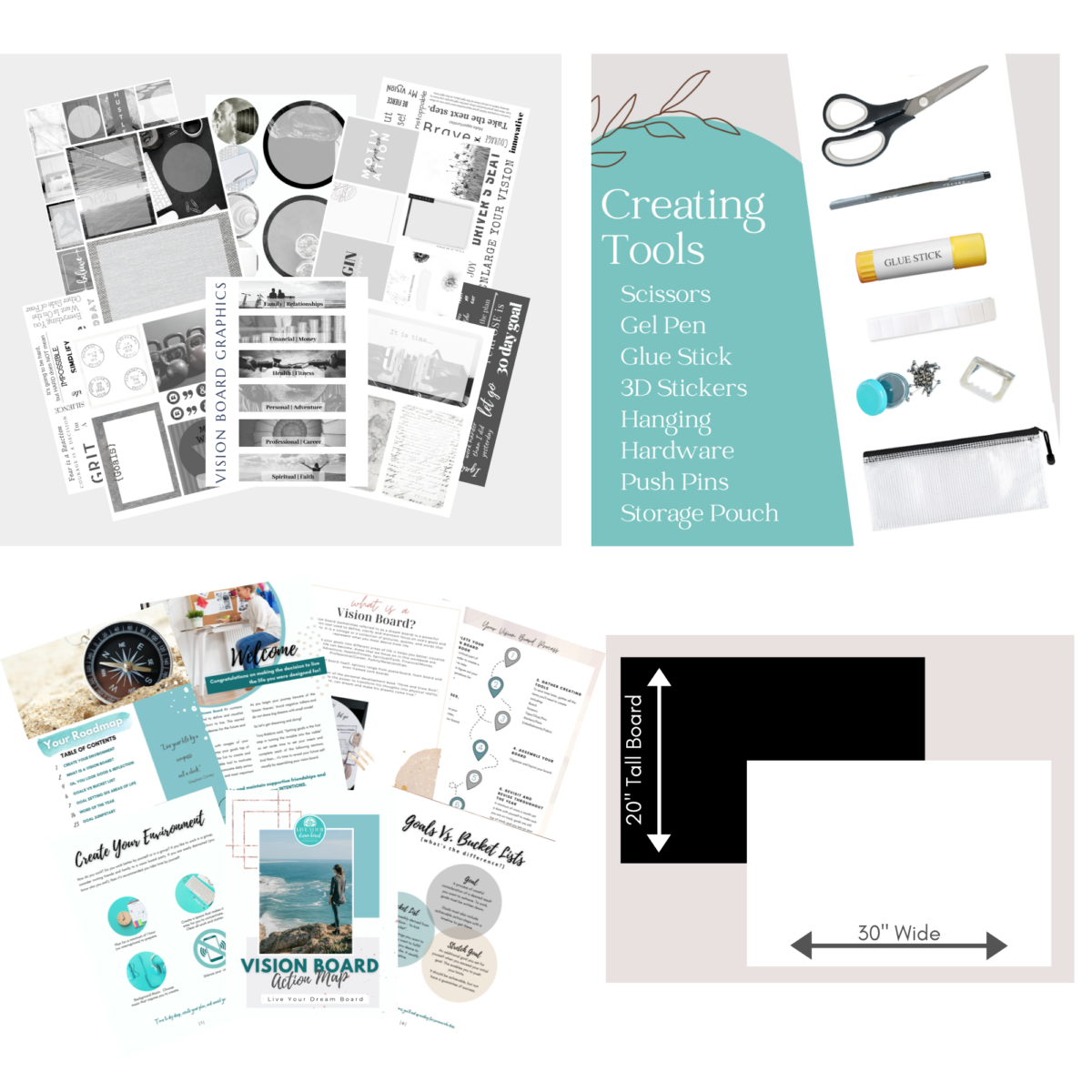 product photo everything inside a gray themed vision board packet