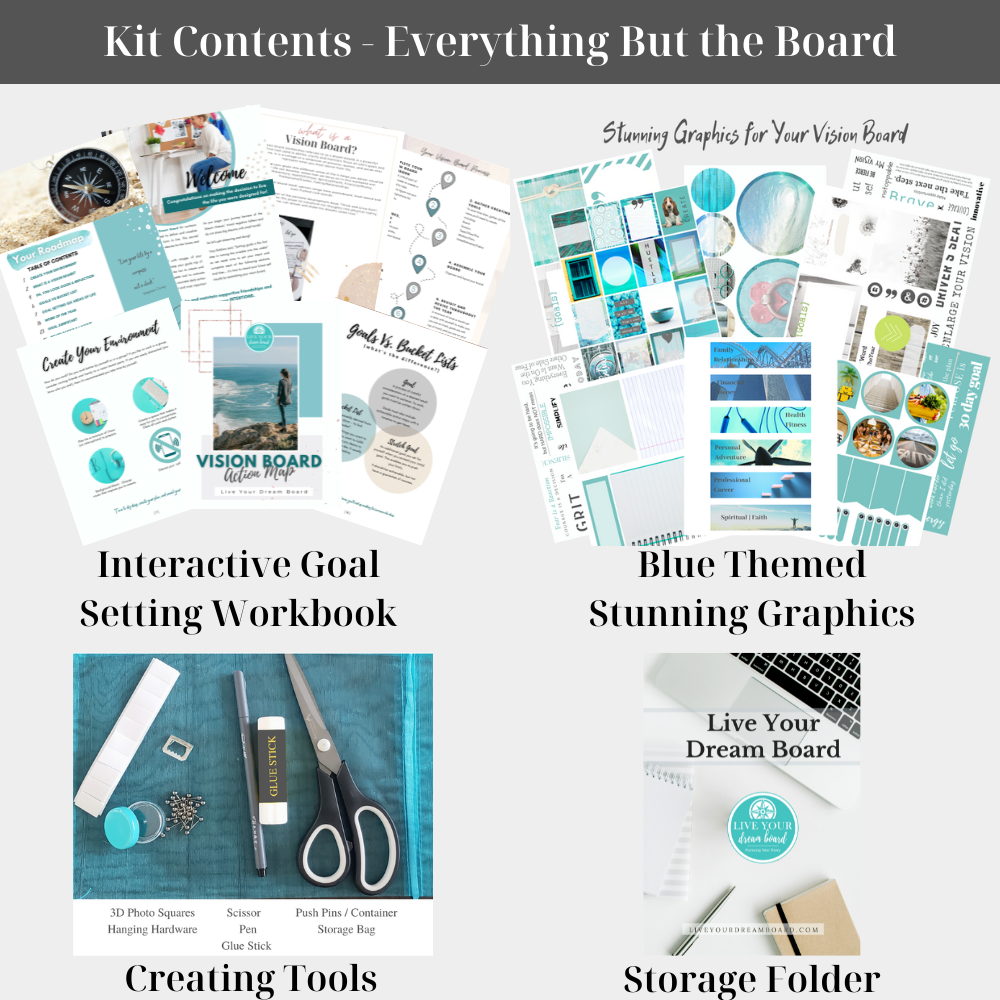 kit contents for a blue themed vision board packet with workbook, tools and folder