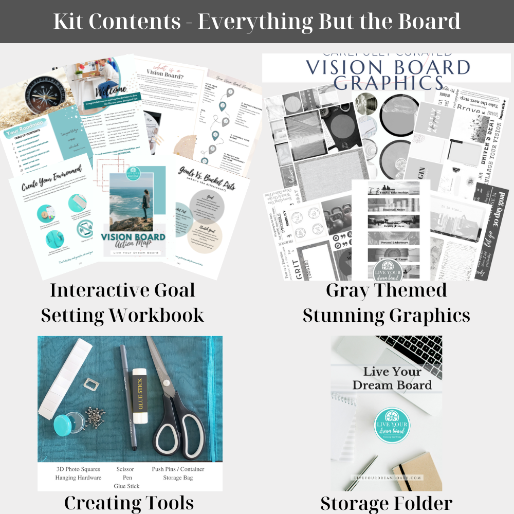 kit contents for a gray themed vision board bundle with artwork, workbook, supplies