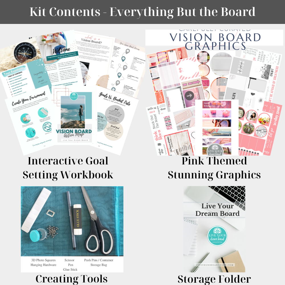 kit contents for a pink vision board kit