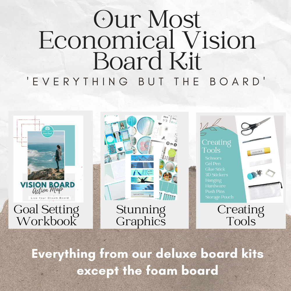 product photo for everything but the board explaining what is included in the packet: goal setting workbook, graphics and images, and creating tools