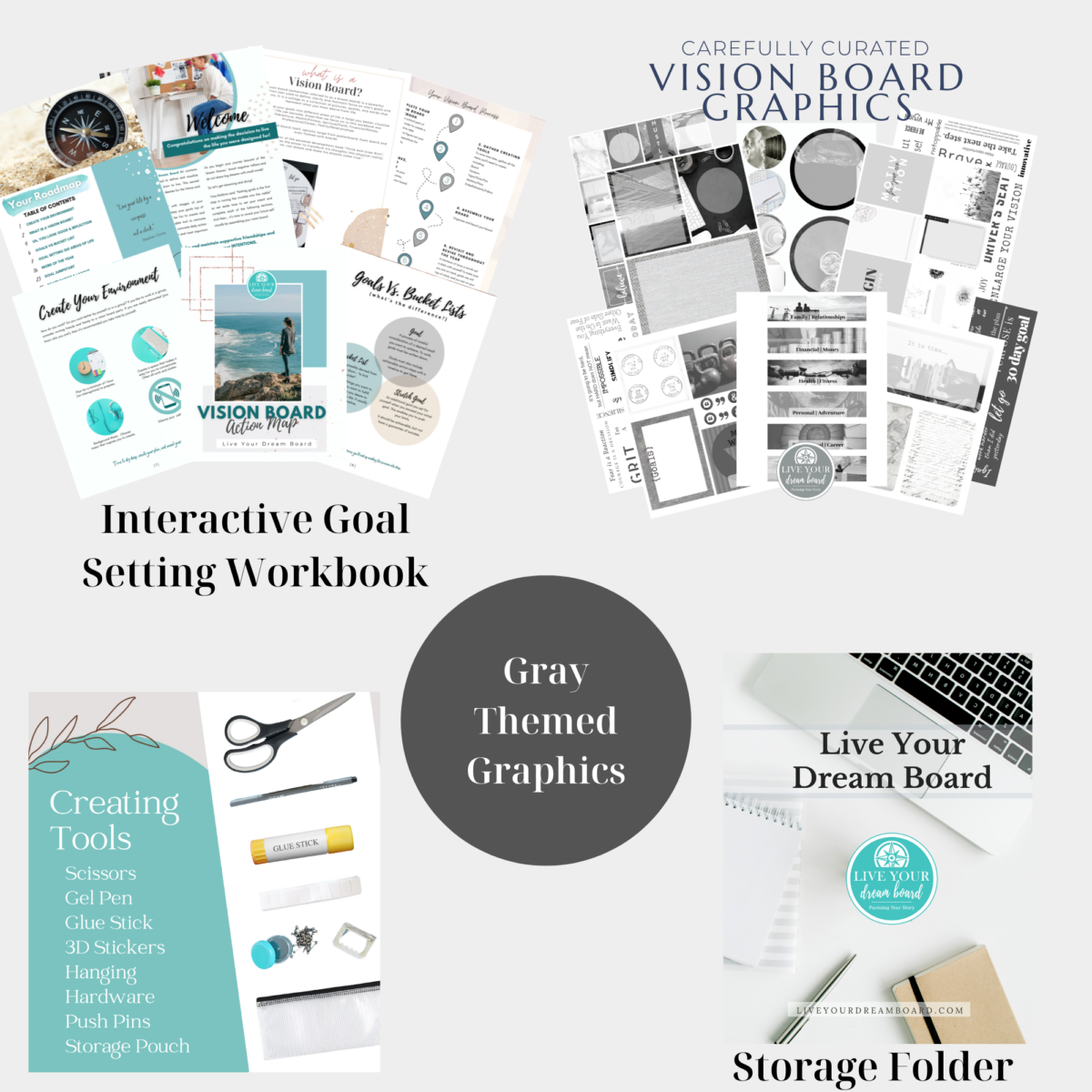 contents of supplies tools art and workbook included in gray themed vision board kit