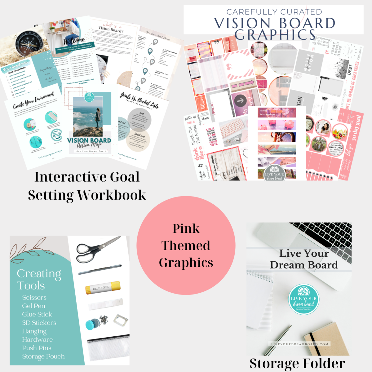 all tools and supplies for pink themed vision board kit