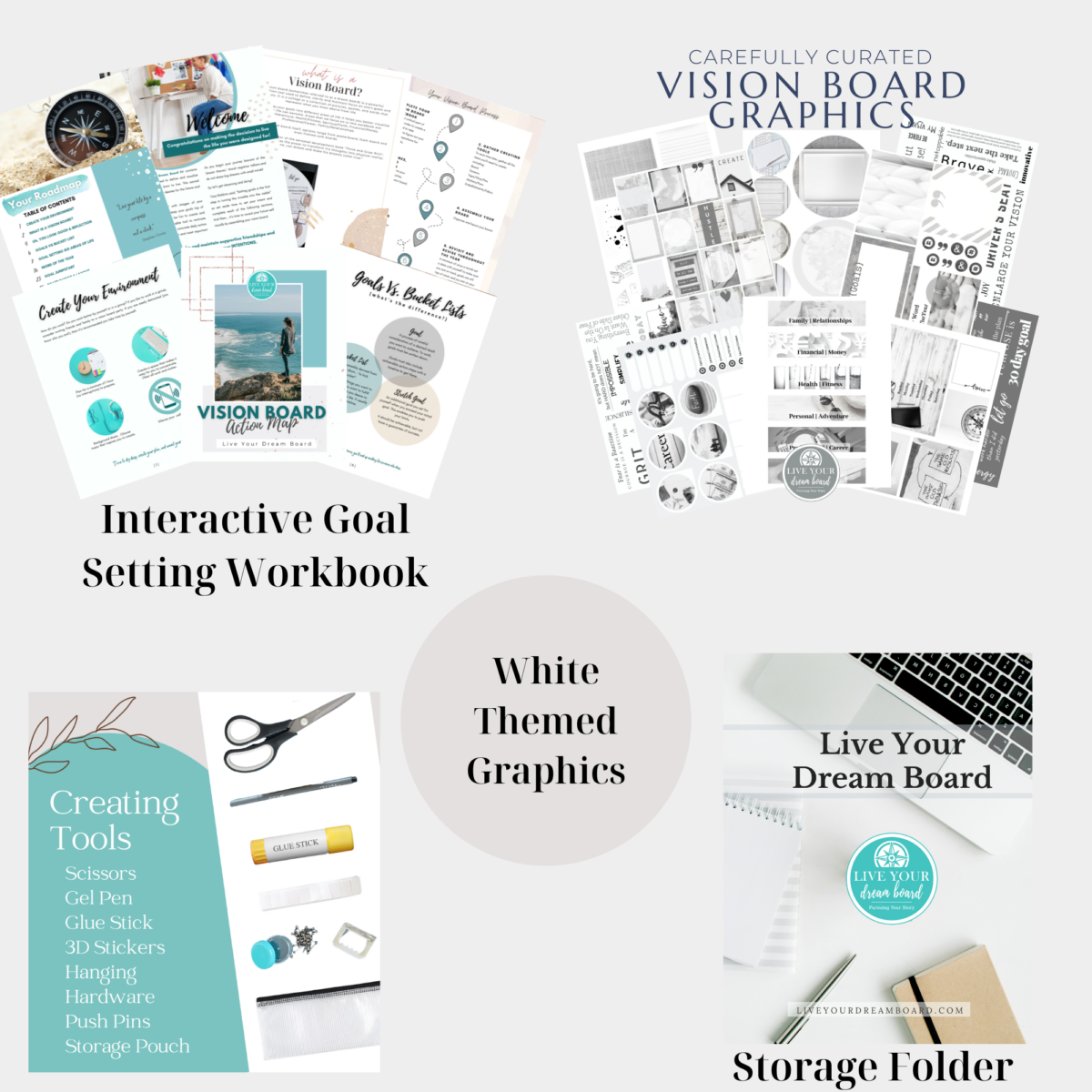 all contents of white monochromatic vision board kit