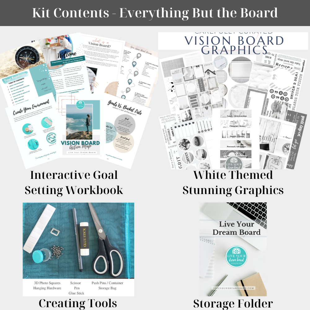 kit contents for a white vision board kit with artwork sheets, workbook layout, supplies and folder