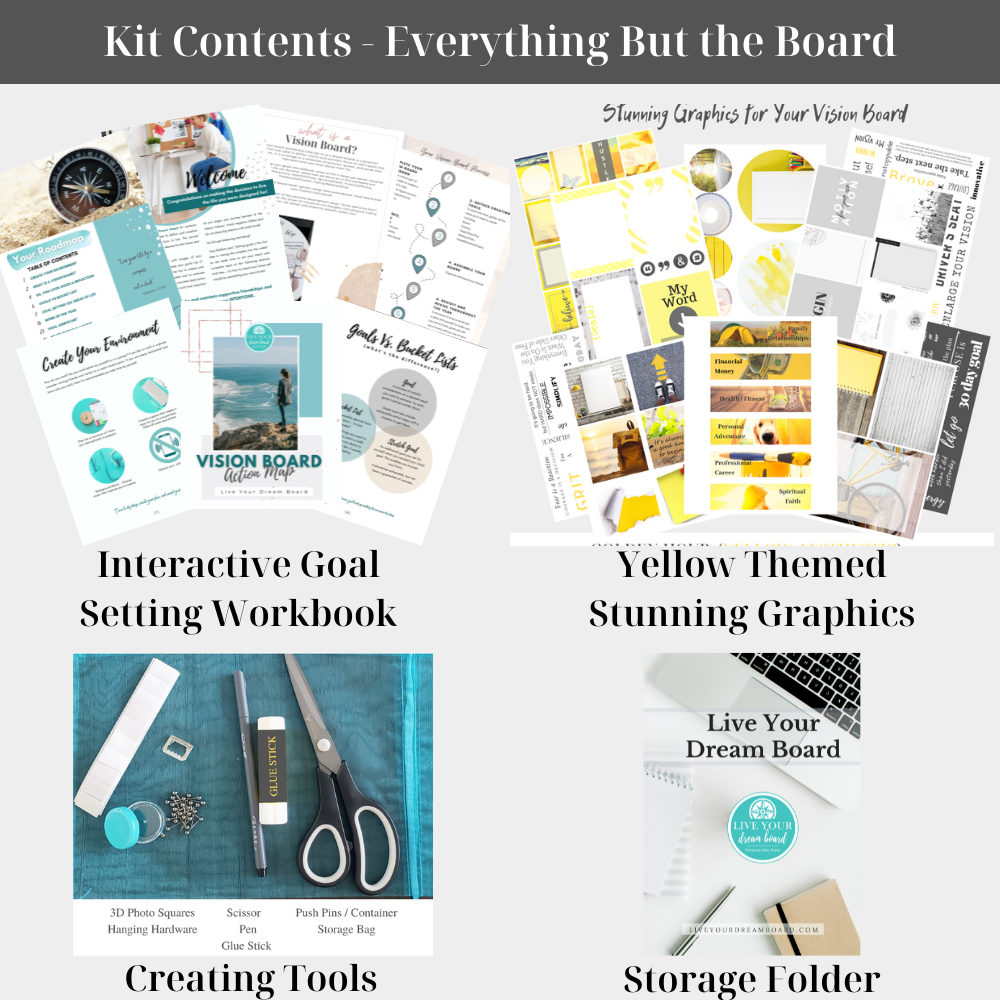 kit contents of life goal workbook, yellow graphics images, scissors and other vision board supplies and storage folder
