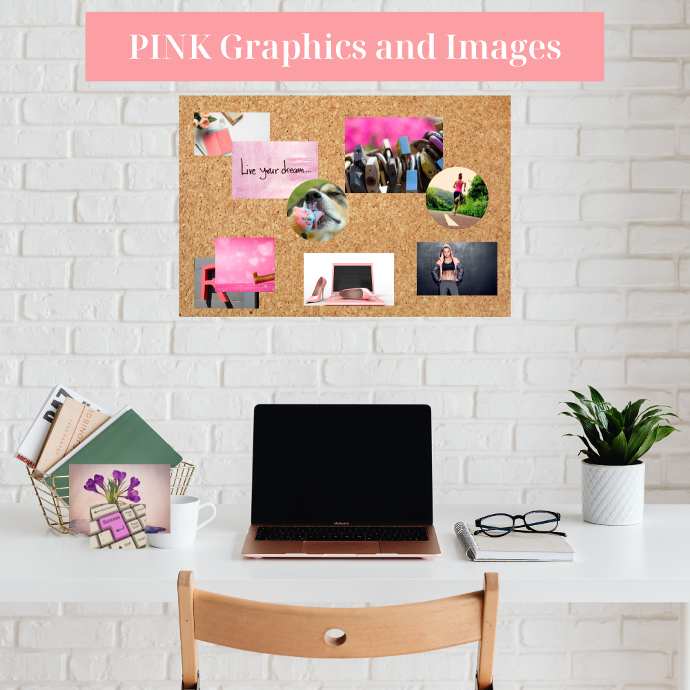 product photo for pink vision board displayed on cork board against white brick wall. vision board graphics
