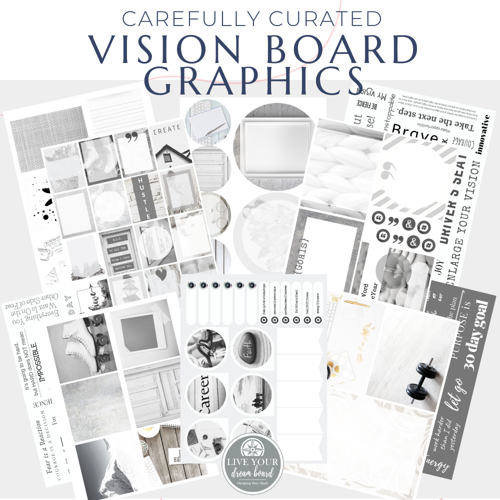 collection of white themed graphics and images that someone would use to complete a vision board