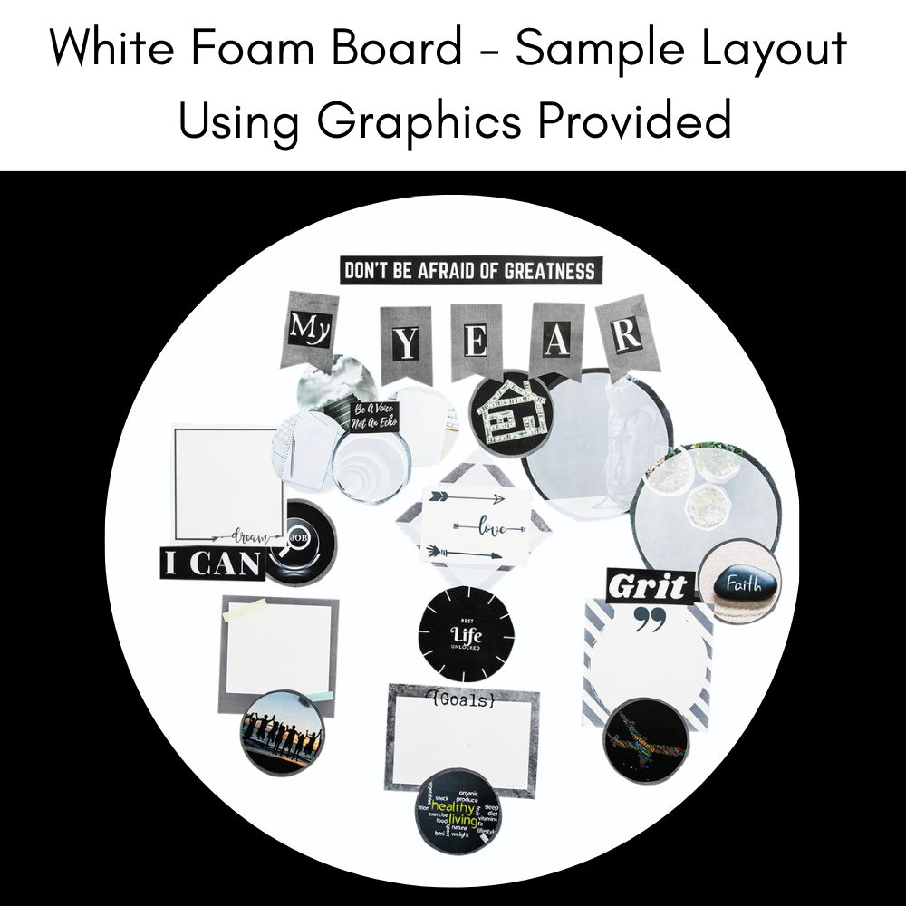 monochromatic sample of vision board with gray graphics on a white foam board