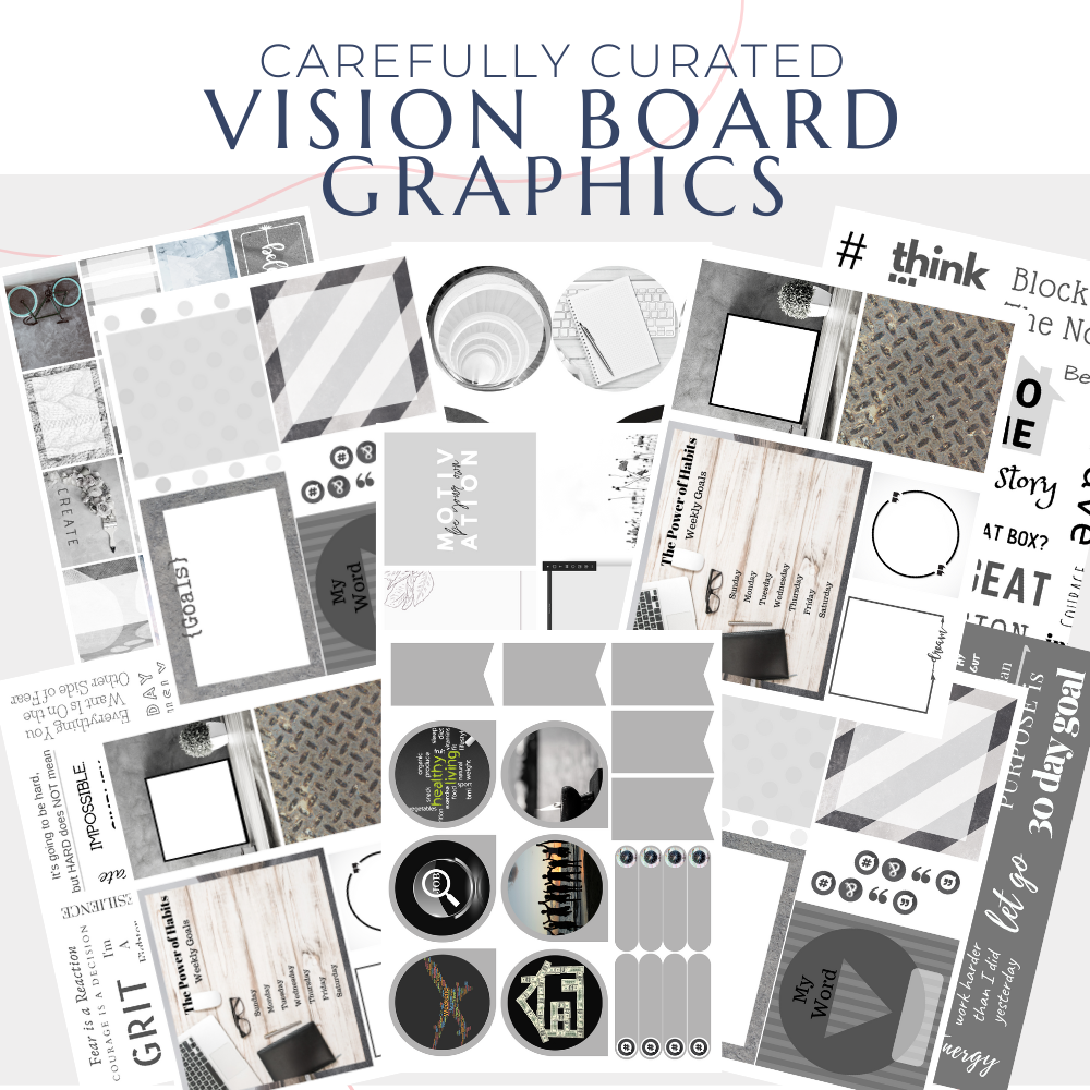 a collage of vision board graphics that are used to create an annual goal board in gray tones