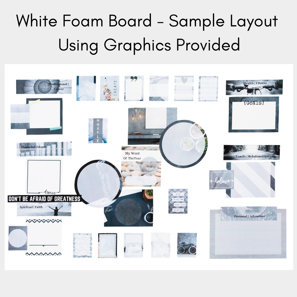 vision board example of white graphics on a white foam board