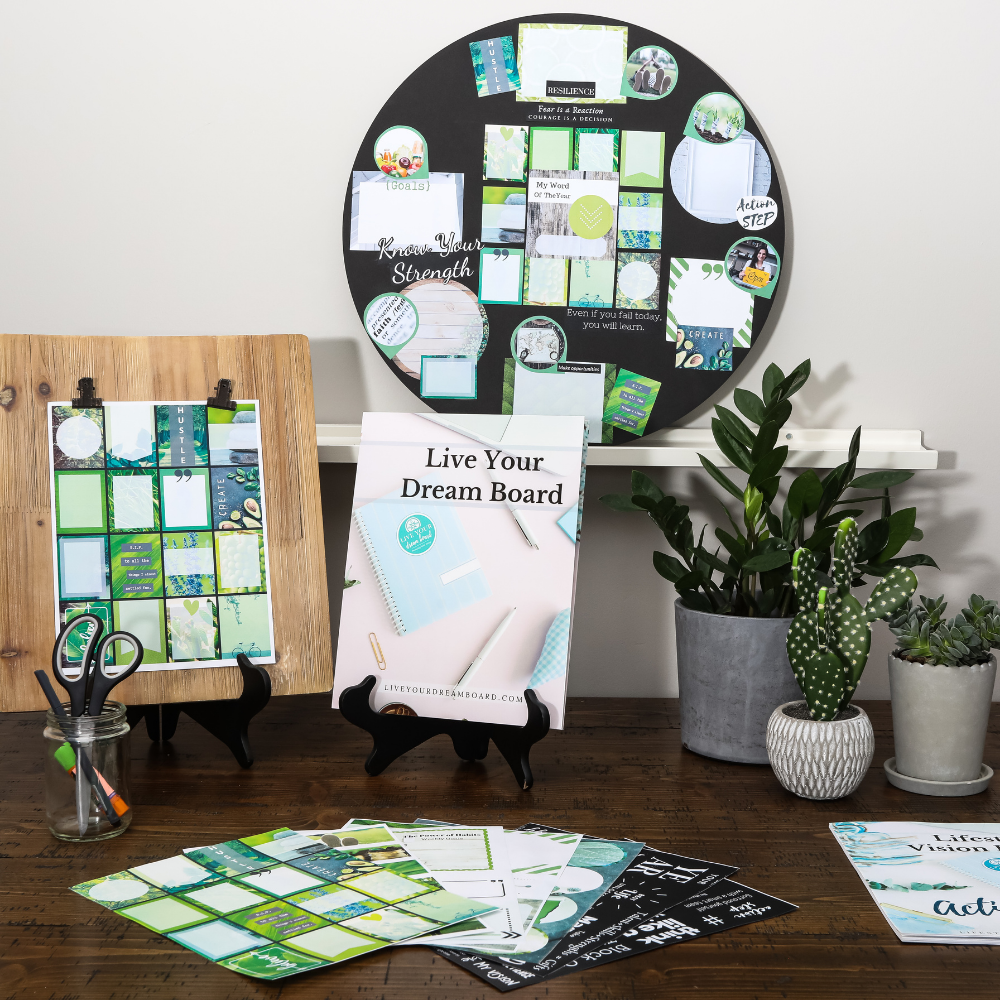 product display of green circle vision board with graphics and images included