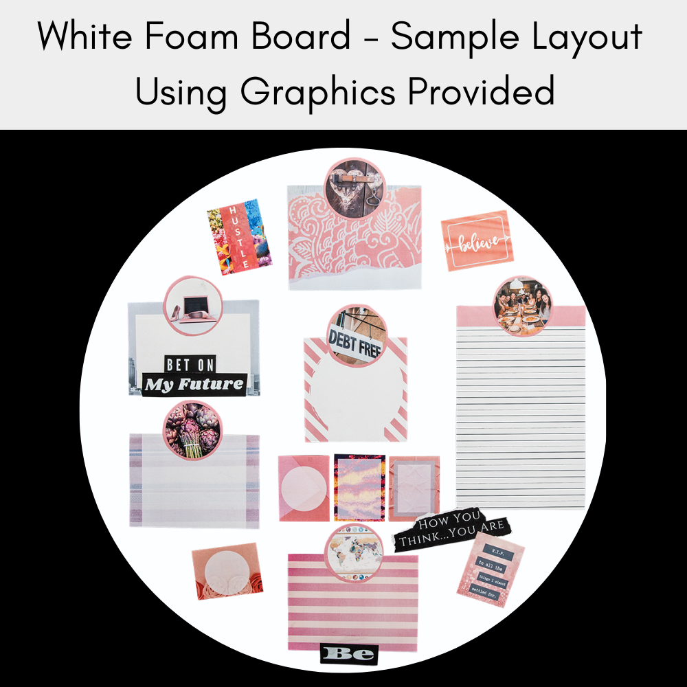 sample layout of pink graphics on a white circle vision board
