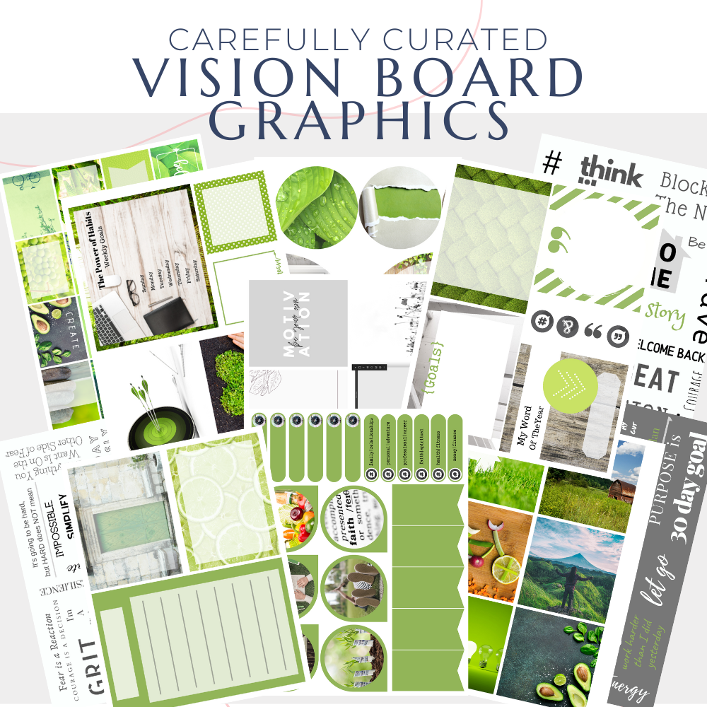 collage of curated vision board graphics in green themed color