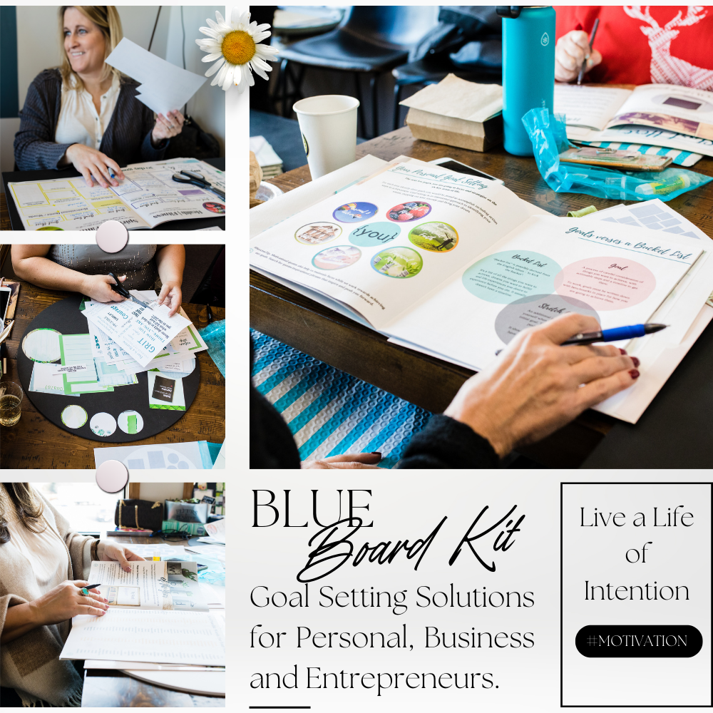 product photo of blue themed board kit with people completing workbook, cutting out preprinted images and collaborating