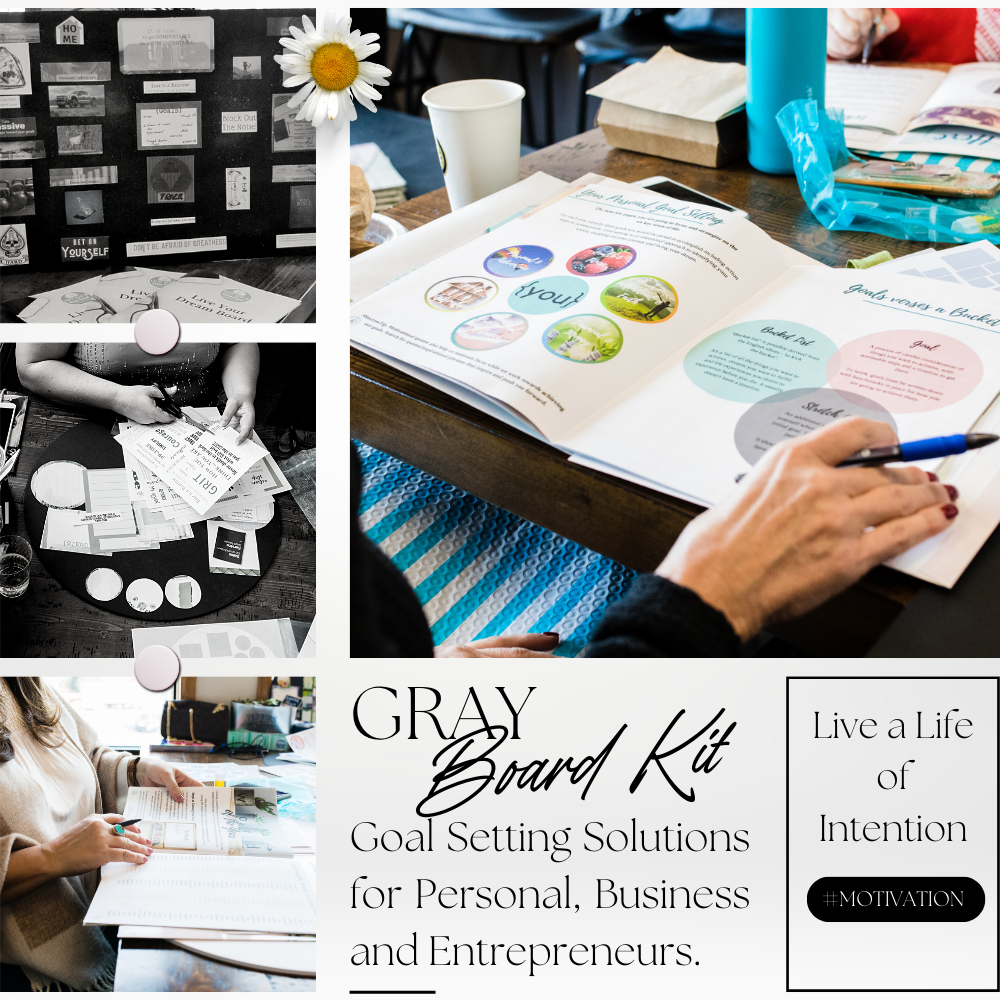 contents and samples of gray vision boards in a collage for goal setting