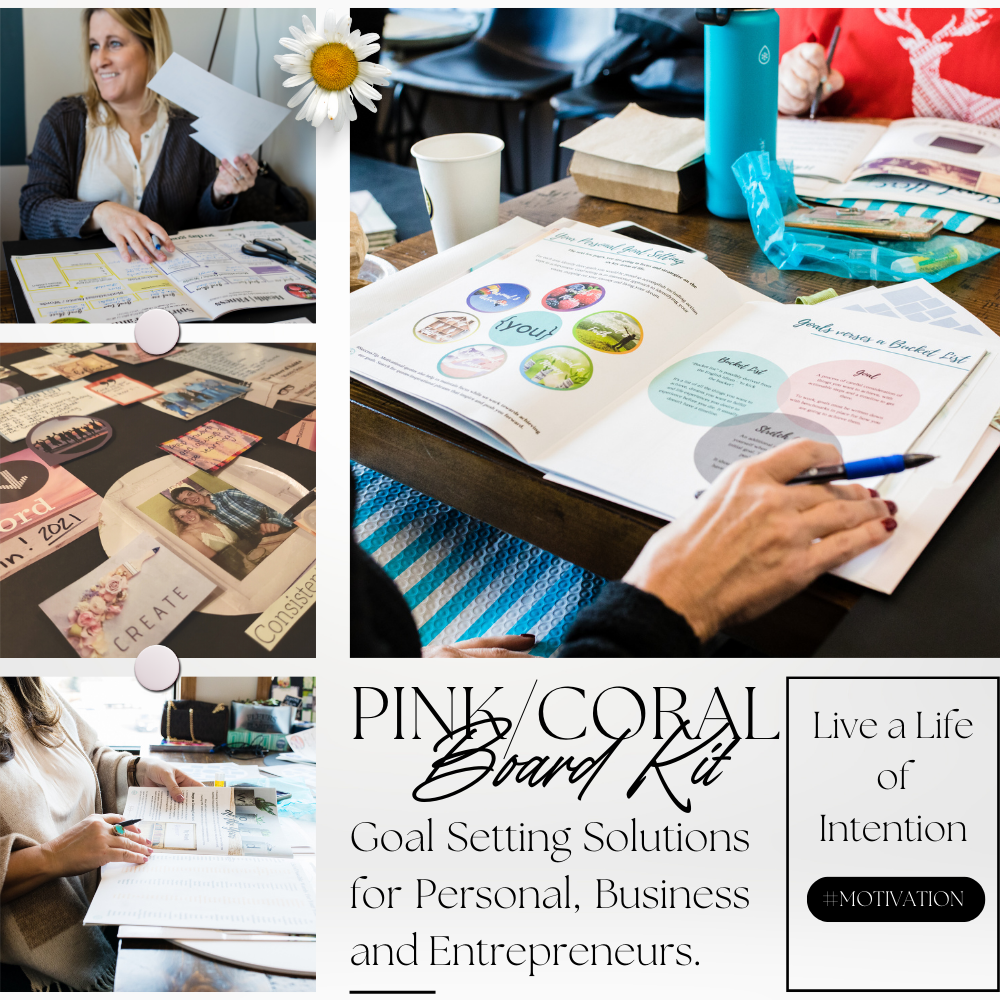 product photo collage of coral themed vision board party with participants filling out their workbook and completing a kit