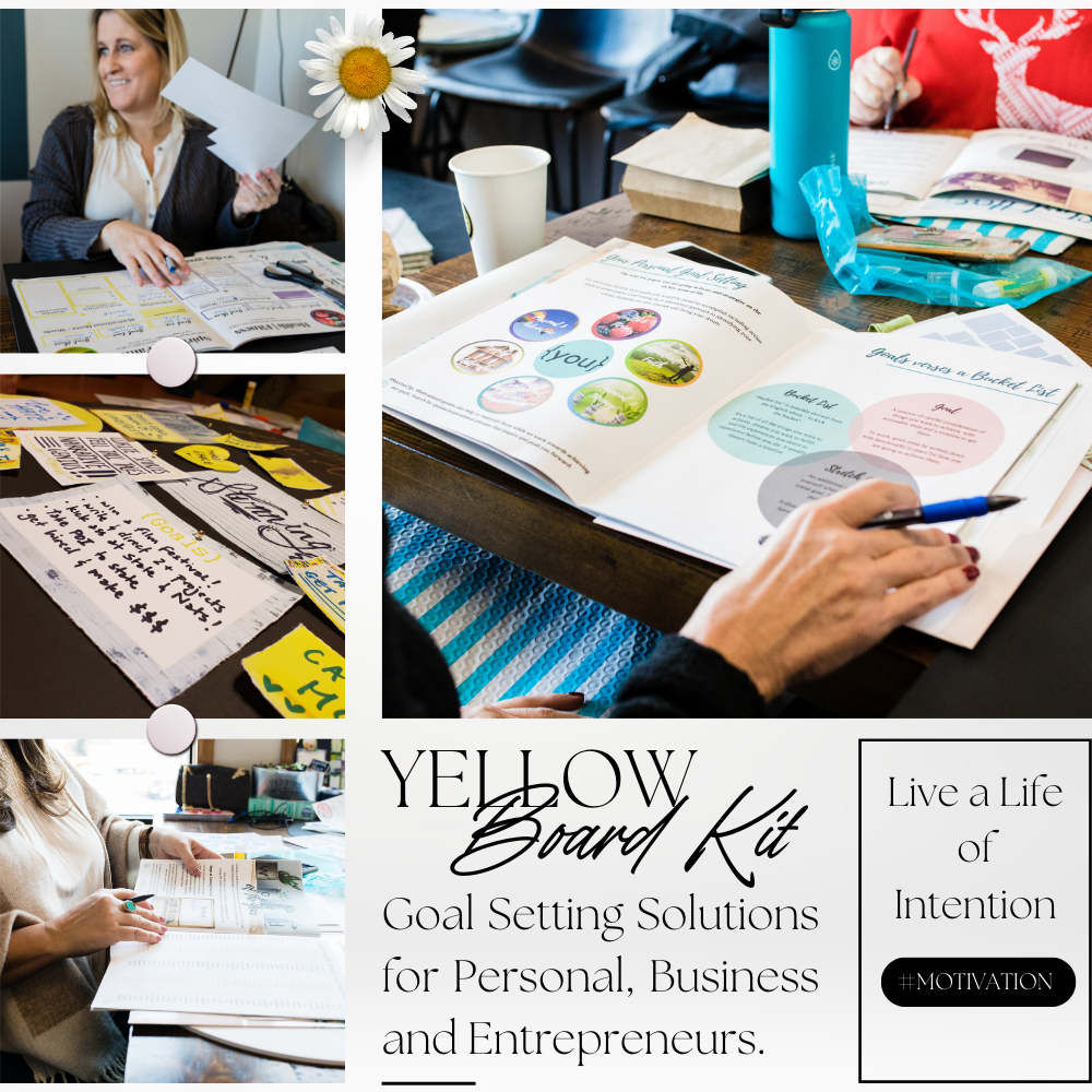 people participating in a vision board building party with sample layouts and completing a goal setting workbook - yellow themed