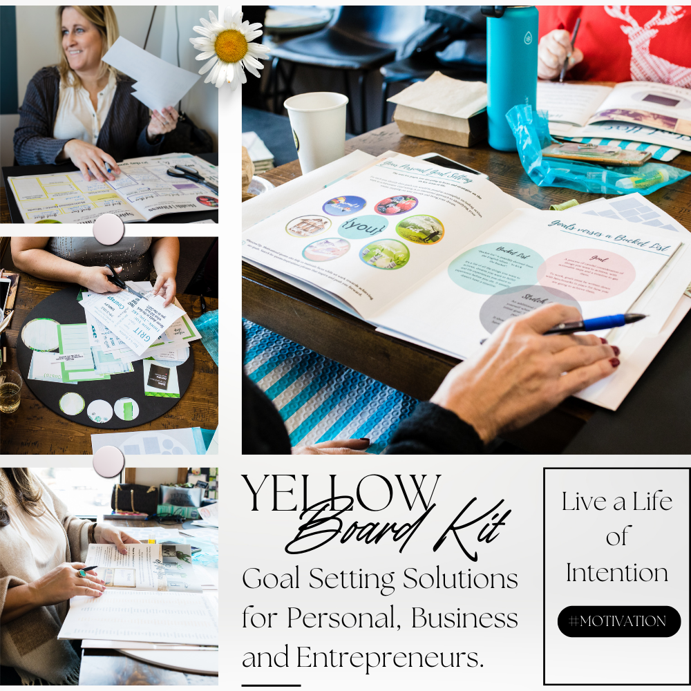 Product photo for yellow themed board kit showing people and sales team working on workbook and board creation