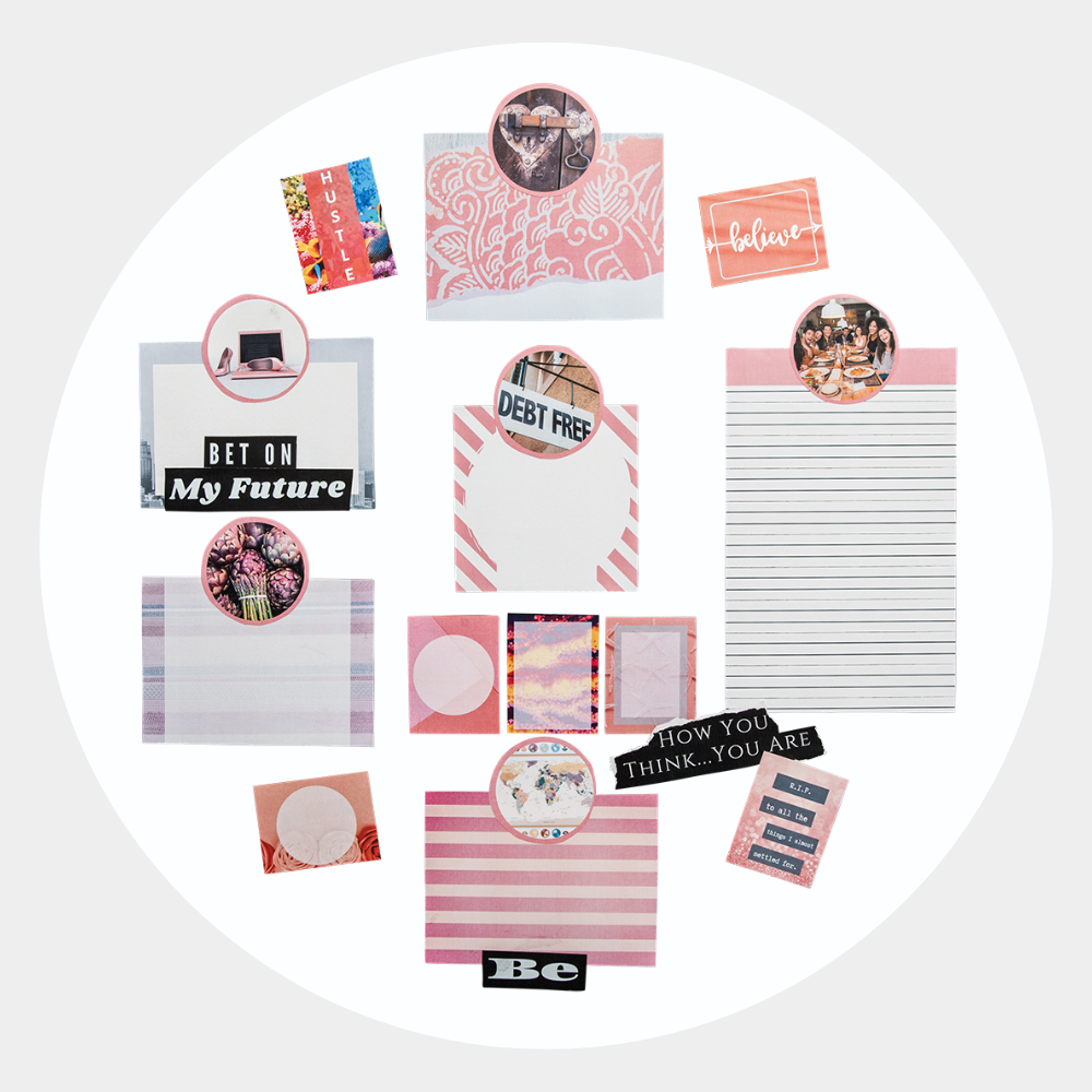 pink themed circle vision board on white foam background
