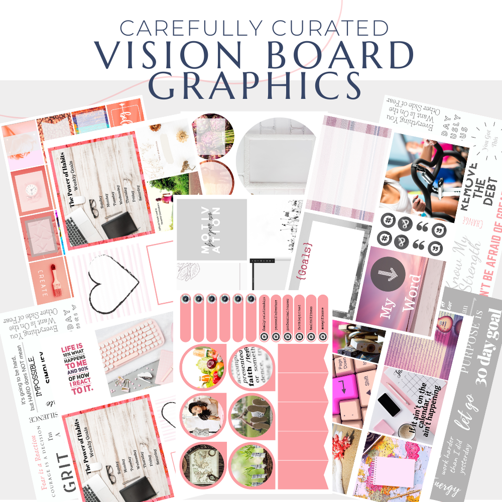 collage of vision board graphics and pictures included in a kit