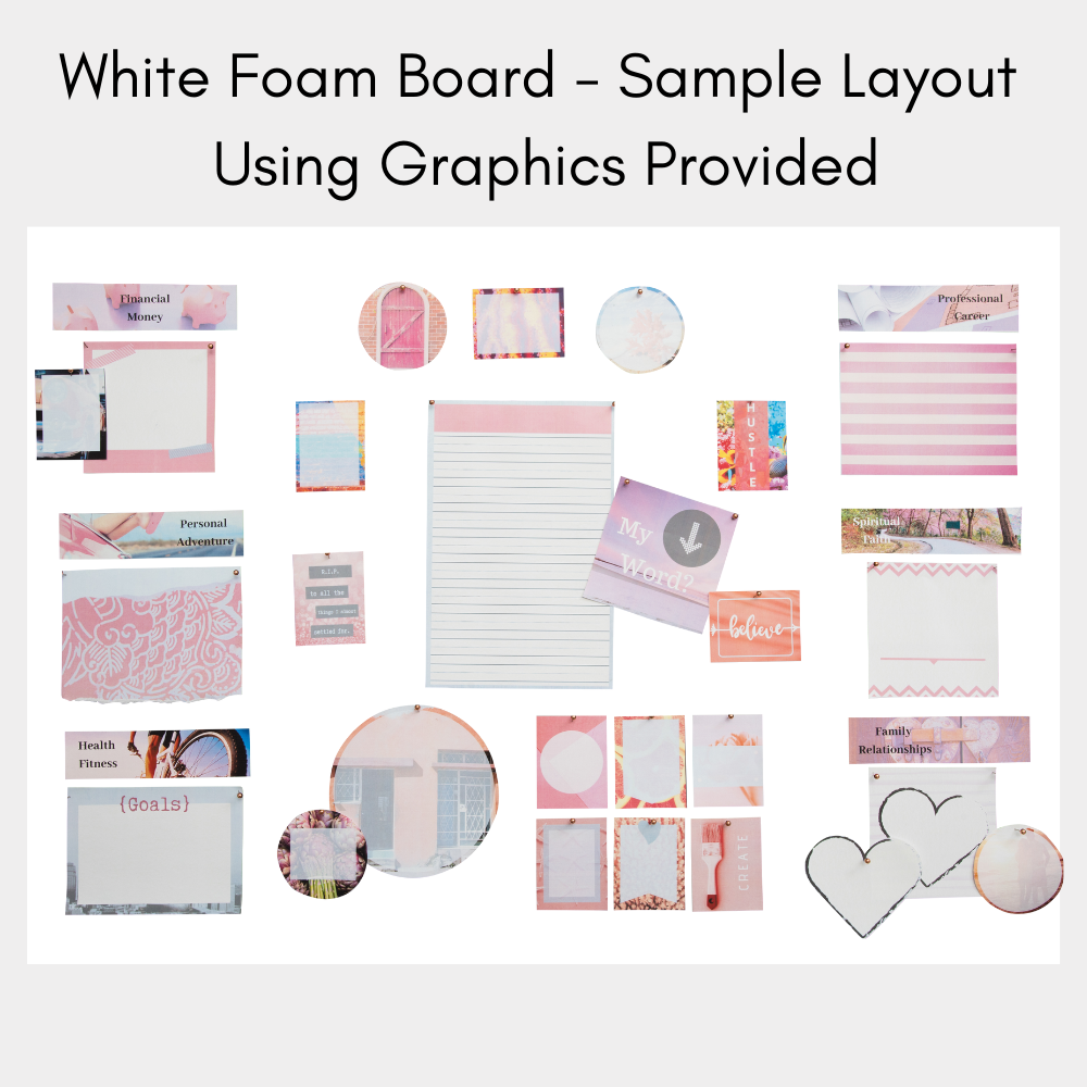 product photo of pink visuals displayed on a white board