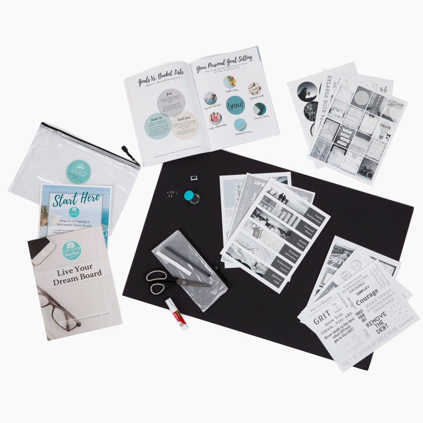 product photo of gray vision board kit on black foam board with graphics workbook tools and supplies