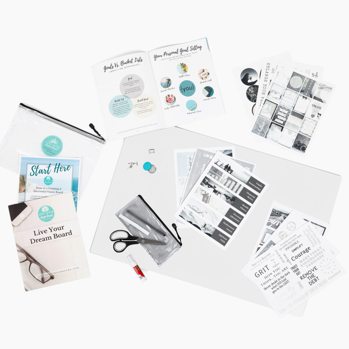 product of vision board kit flat lay with gray graphics white foam board workbook and supplies