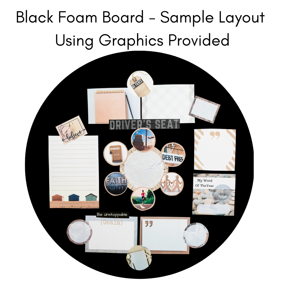 sample layout of a dream board using natural colors on a black foam board
