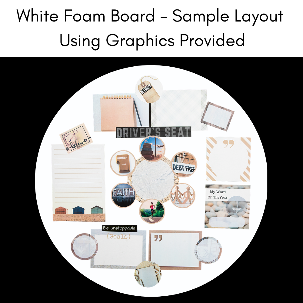 sample layout of vision board with brown and natural themed graphics on white foam board.