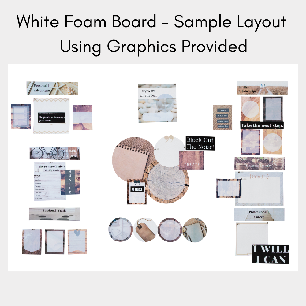 product photo of tan/natural aesthetic artwork and graphics on a white board