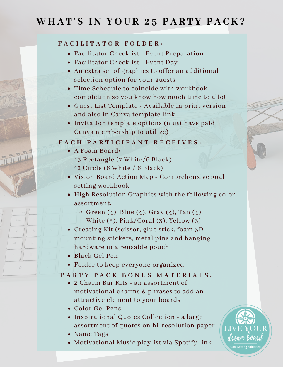 a checklist of what is included in a vision board team building party pack event
