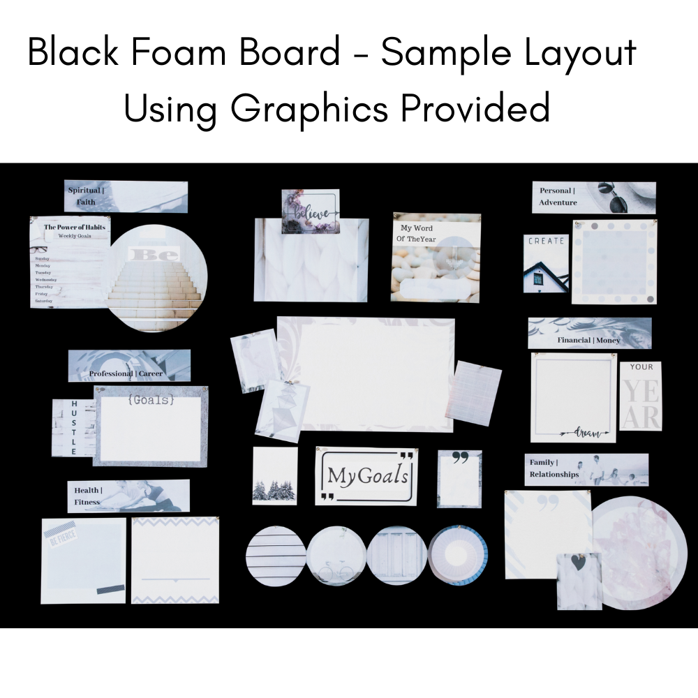 white vision board graphics on a black foam board