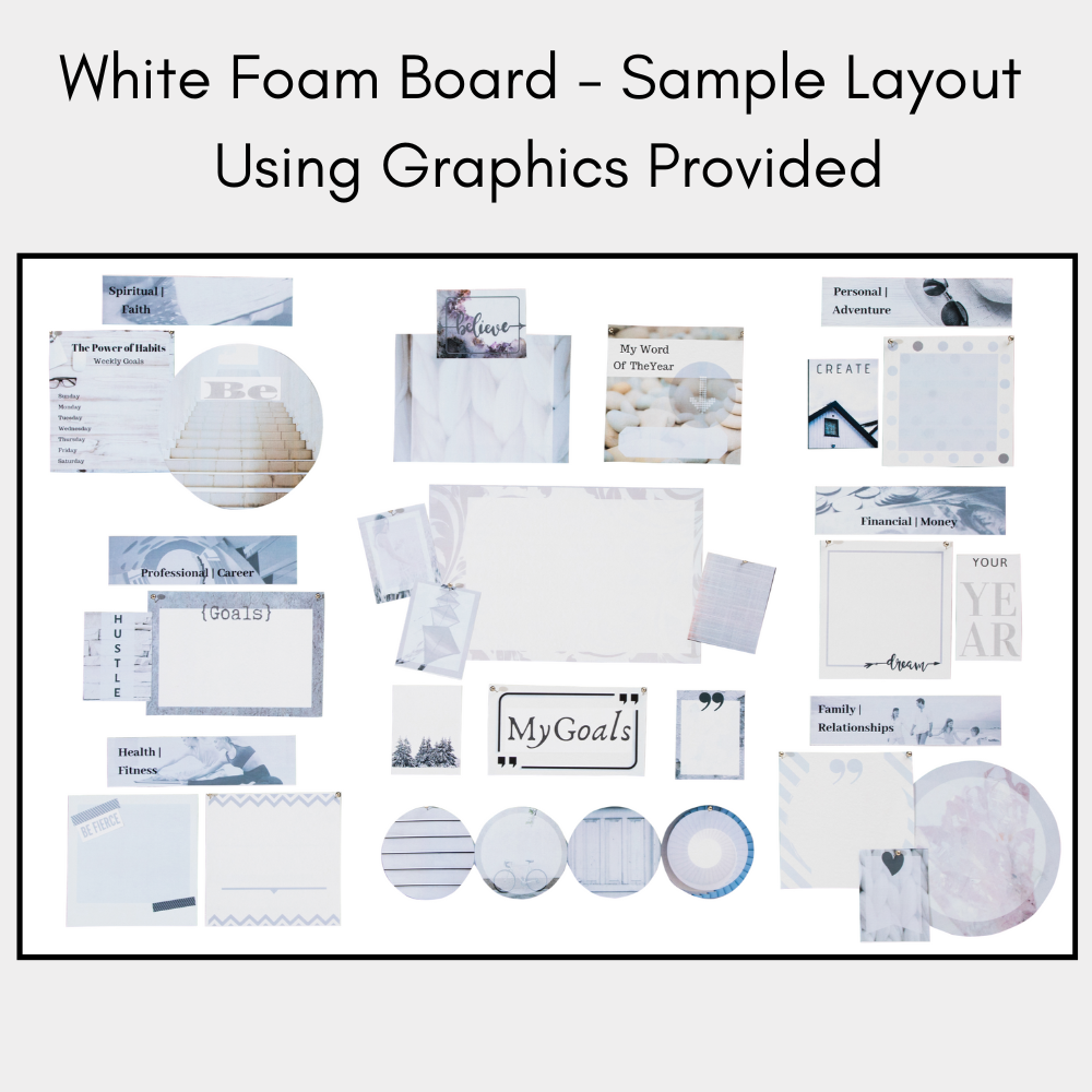 white graphic cutouts on a white foam board