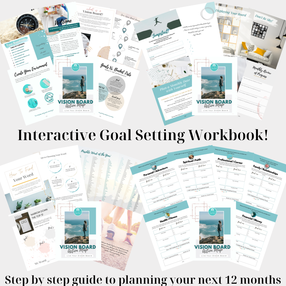 all the pages of an interactive goal setting workbook with planning worksheets
