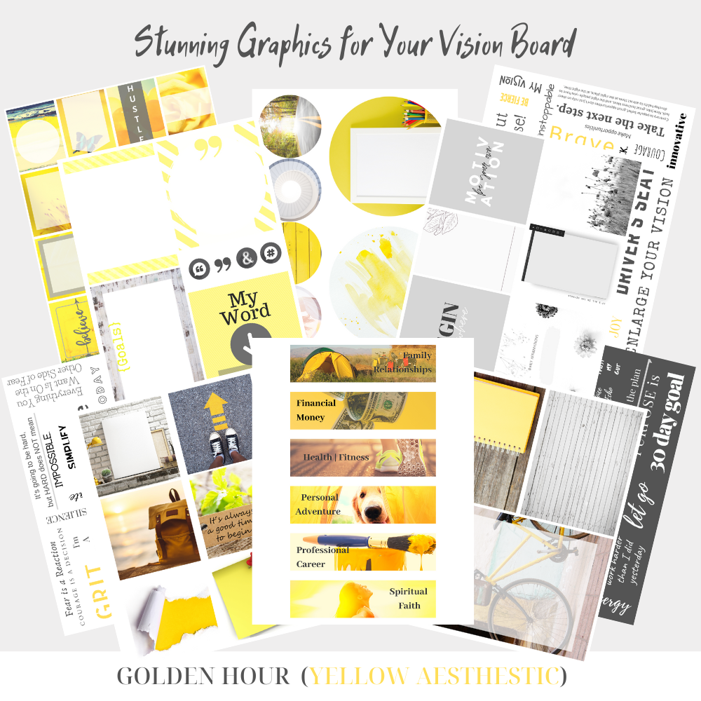 Product photos of yellow artwork used in vision board creation