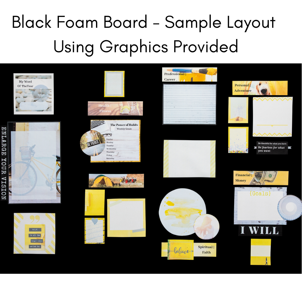 Example vision board of yellow artwork on a black board