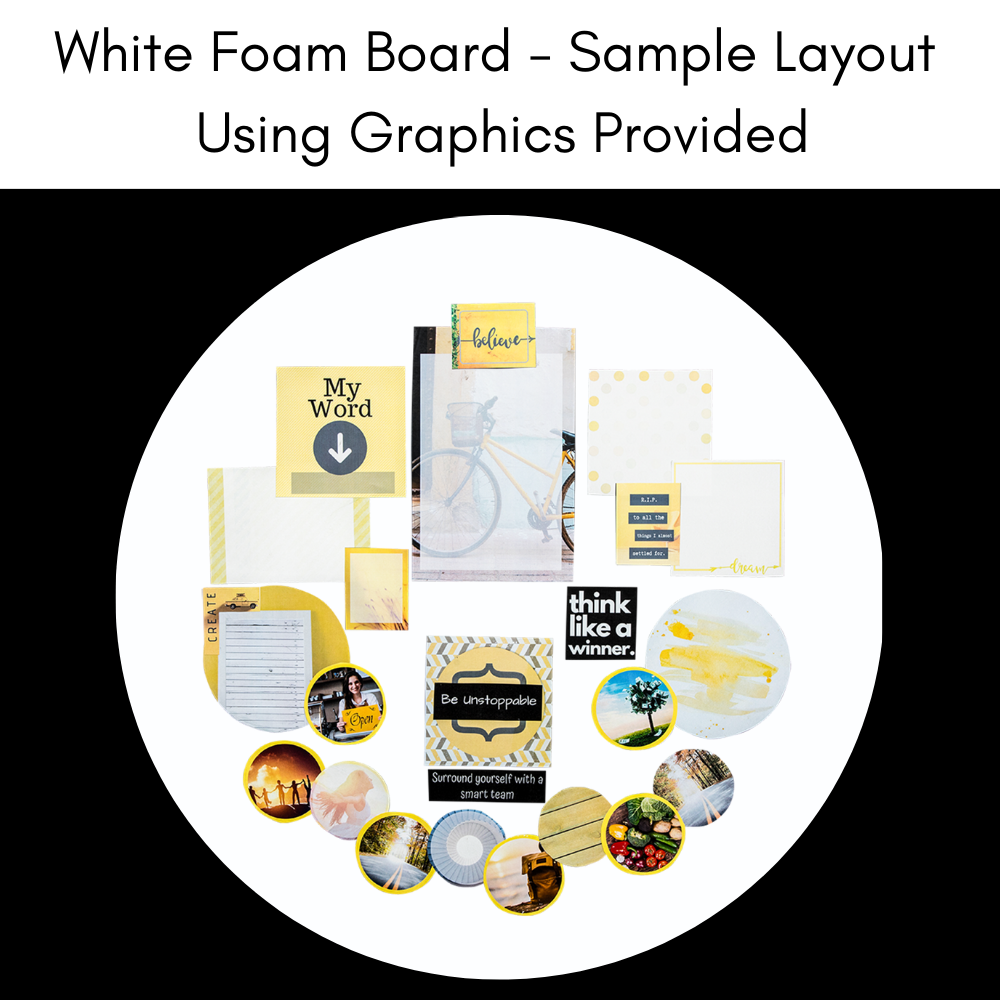 sample layout and idea of completed vision board with yellow graphics, pictures and images