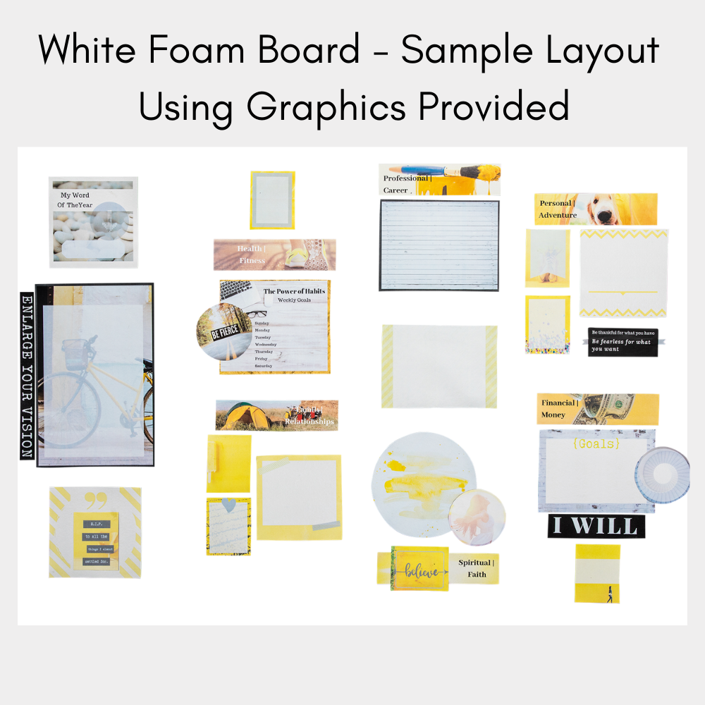 Sample dream board in yellow artwork on white board