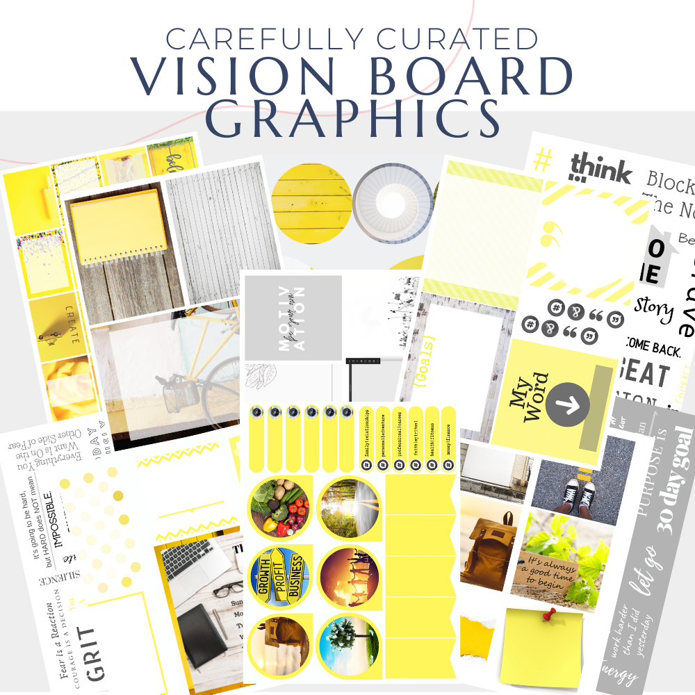 collage of photos, images and graphics used to create a dream board in yellow aesthetics for monochromatic look