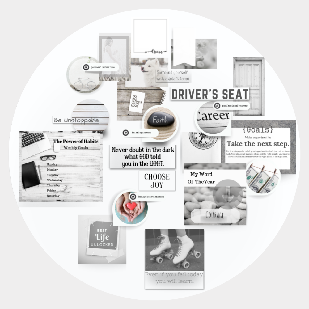 sample layout of a monochromatic white vision board kit on a circle white foam board