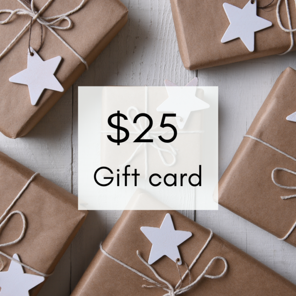 gift card certificate for 25 with brown paper wrapping and star tags