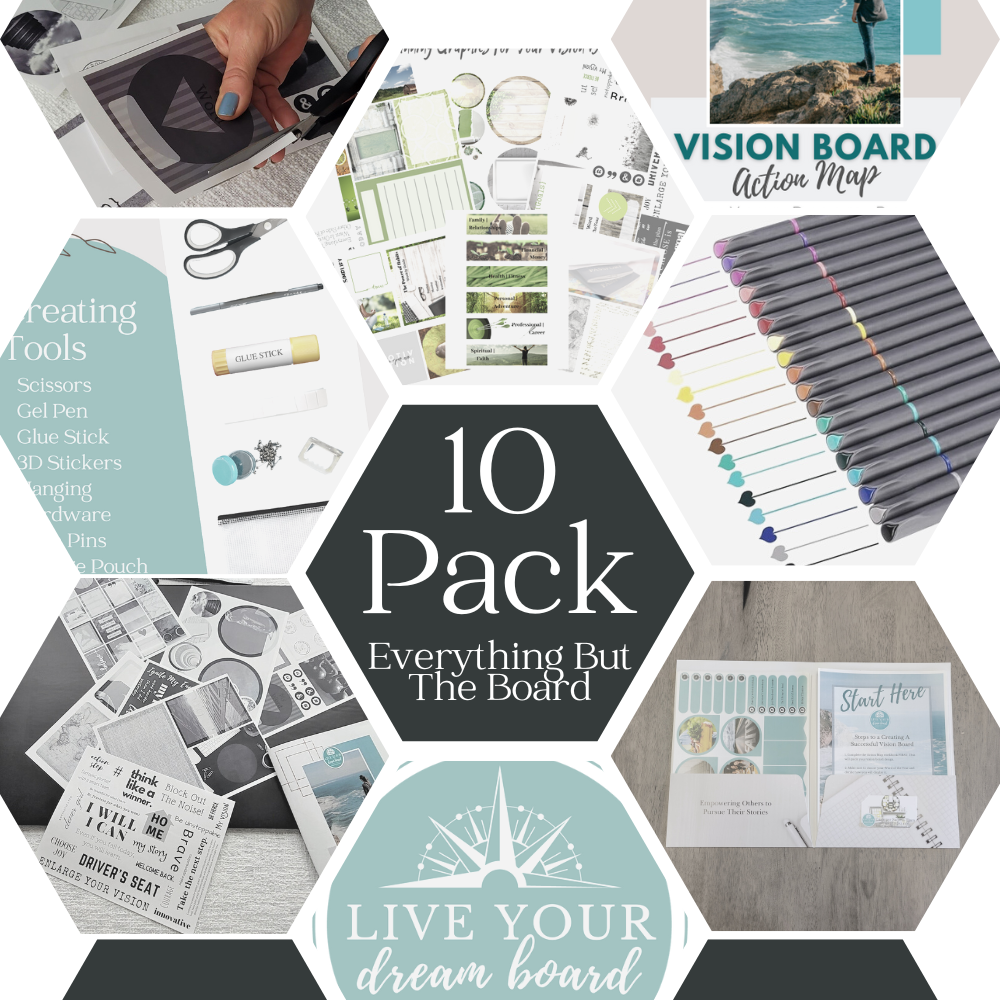 collage of products included in a 10 pack of vision board kits