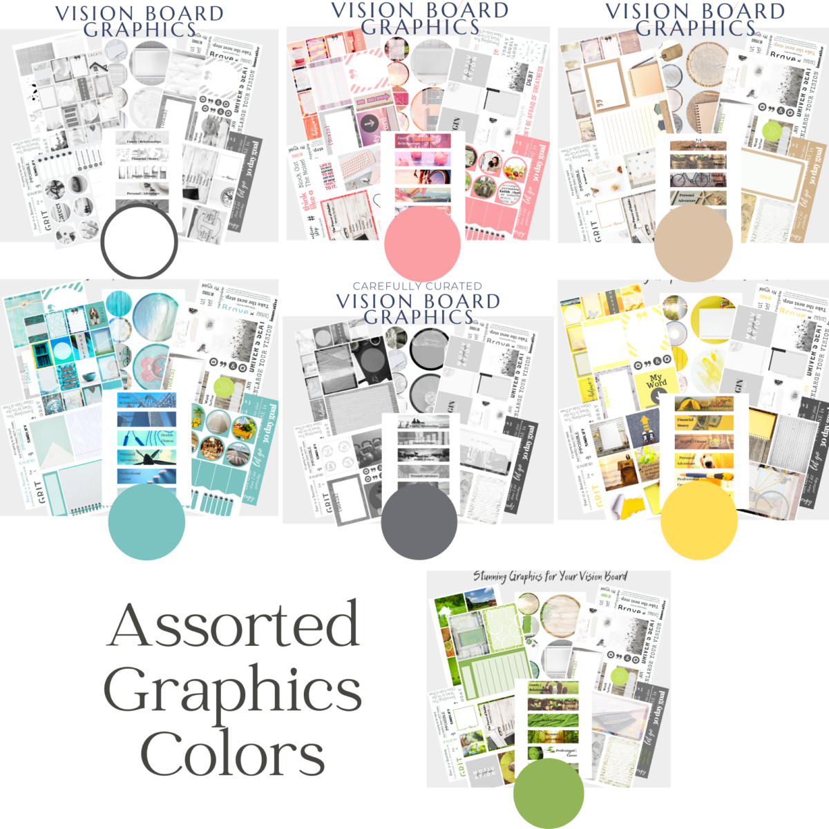 combo photo of different graphics color options for vision board